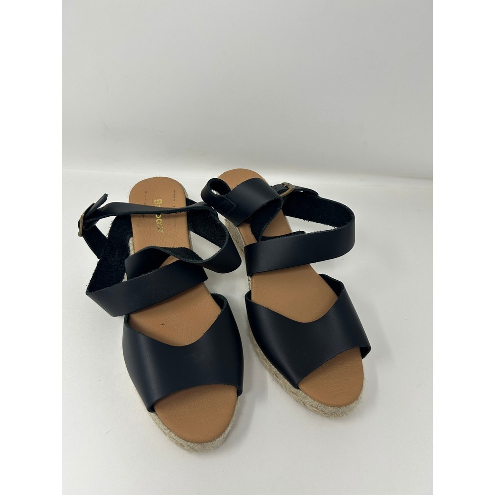 Barbour Black Leather Espadrille Wedge Sandals Spain Ankle Strap EU 40 US 9-9.5